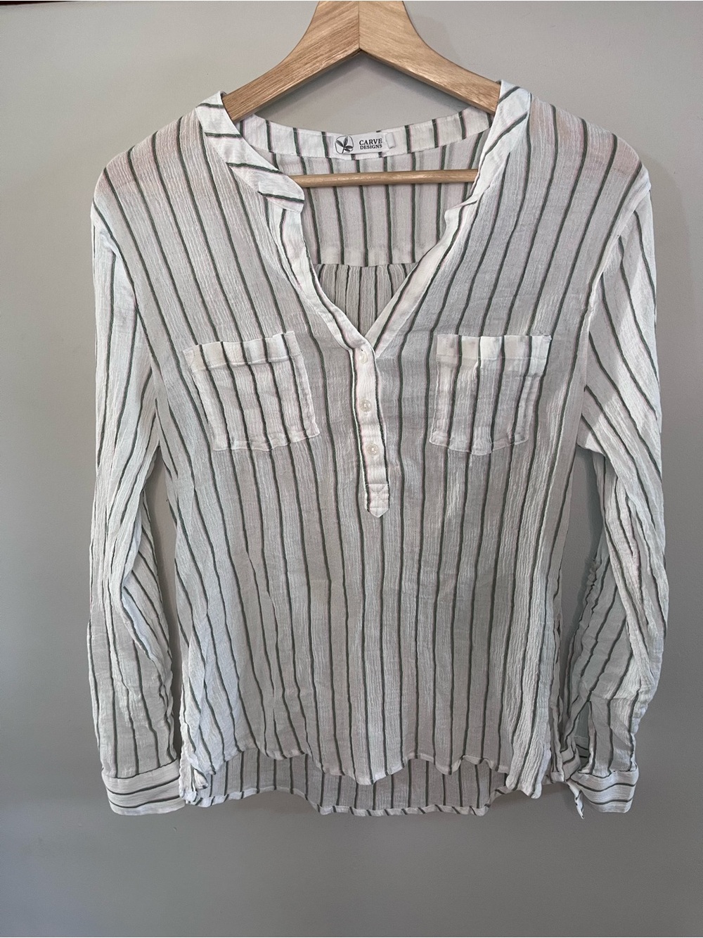 Carve Designs Organic Cotton Striped Henley Tunic Top Green Pink White Large